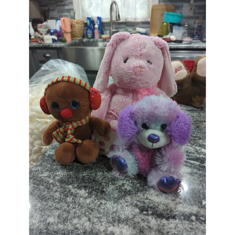3 Hugfun Plush Lot Stuffed Pink Rabbit Gingerbread Sparkly Purple Puppy